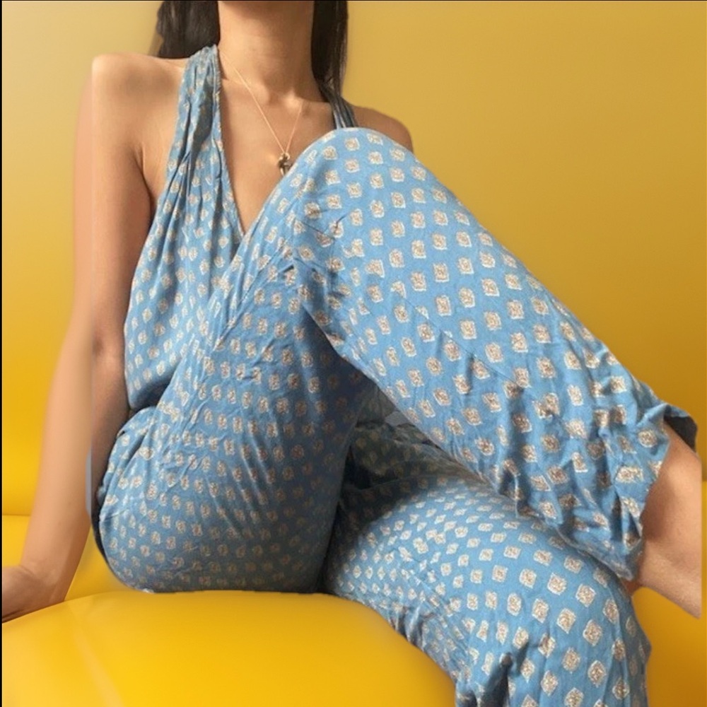 Kai Aakmann Korean Designer Blue Patterned Women's Rayon Jumpsuit Size S
